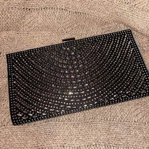 Jessica McClintock Black Rhinestone Clutch Evening Bag Crystal Silver Frame